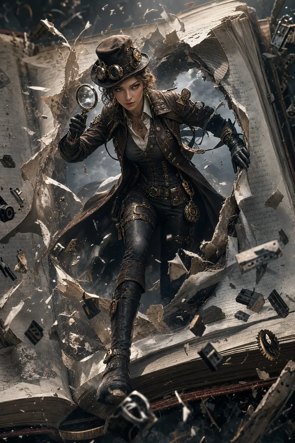 Novel-page example where a steampunk detective emerges from printed pages and typographic mist. output image