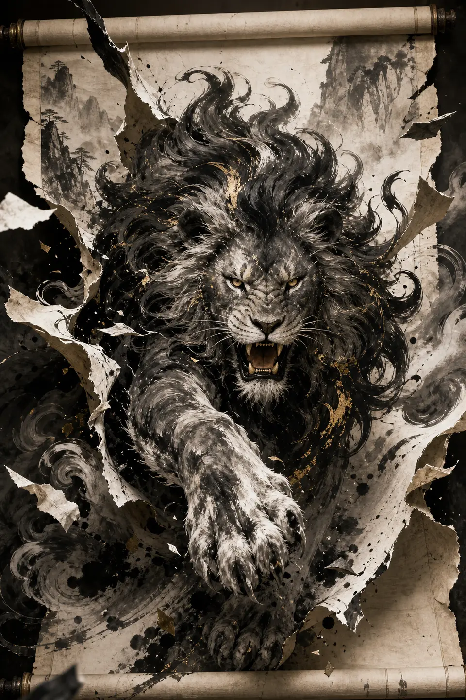 Ink-scroll example where an ink lion steps out through rice paper and landscape brushwork. output image