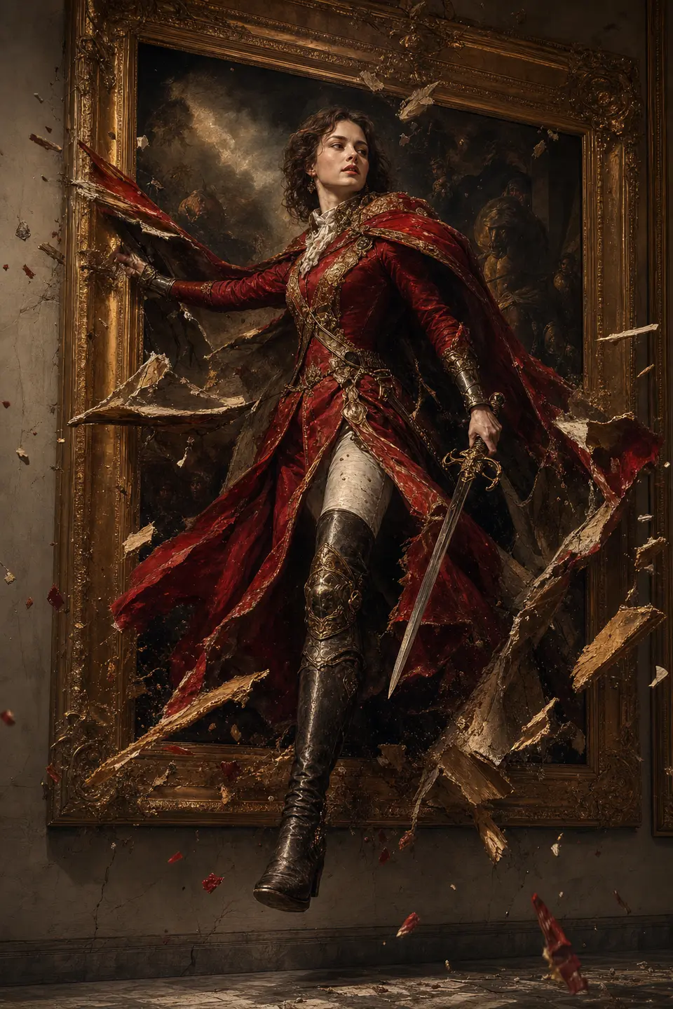 Classical oil-painting example where a red-cloaked knight steps out of a cracked canvas and gilded frame. output image