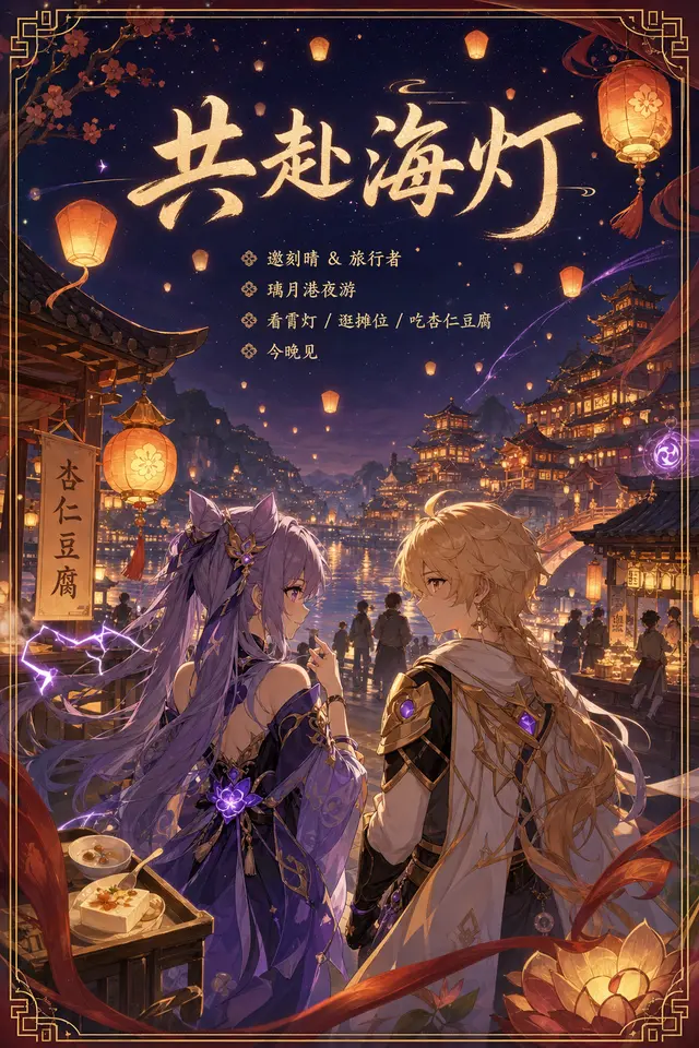 Genshin transfer example that turns a Liyue Lantern Rite night walk into a festive invitation card.