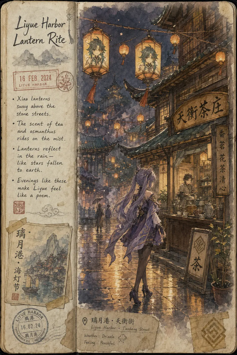 Genshin transfer example using Liyue Harbor and Keqing to test recognizable fictional-world travel journaling. output image