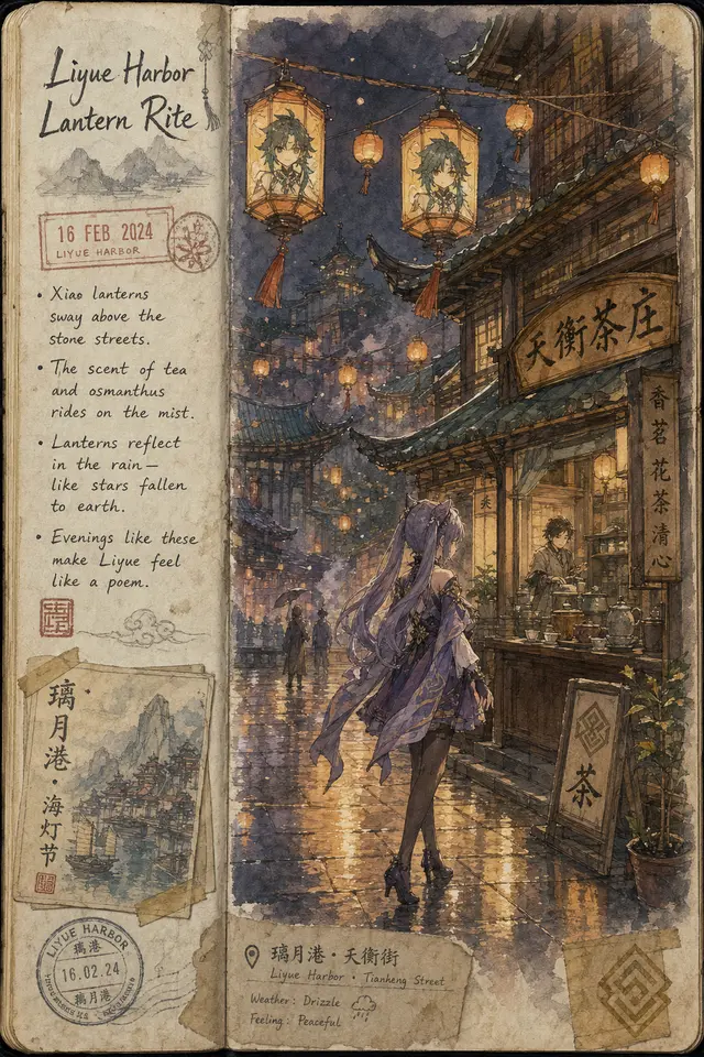 Genshin transfer example that turns a Liyue Lantern Rite street corner into a traveler's sketchbook page.