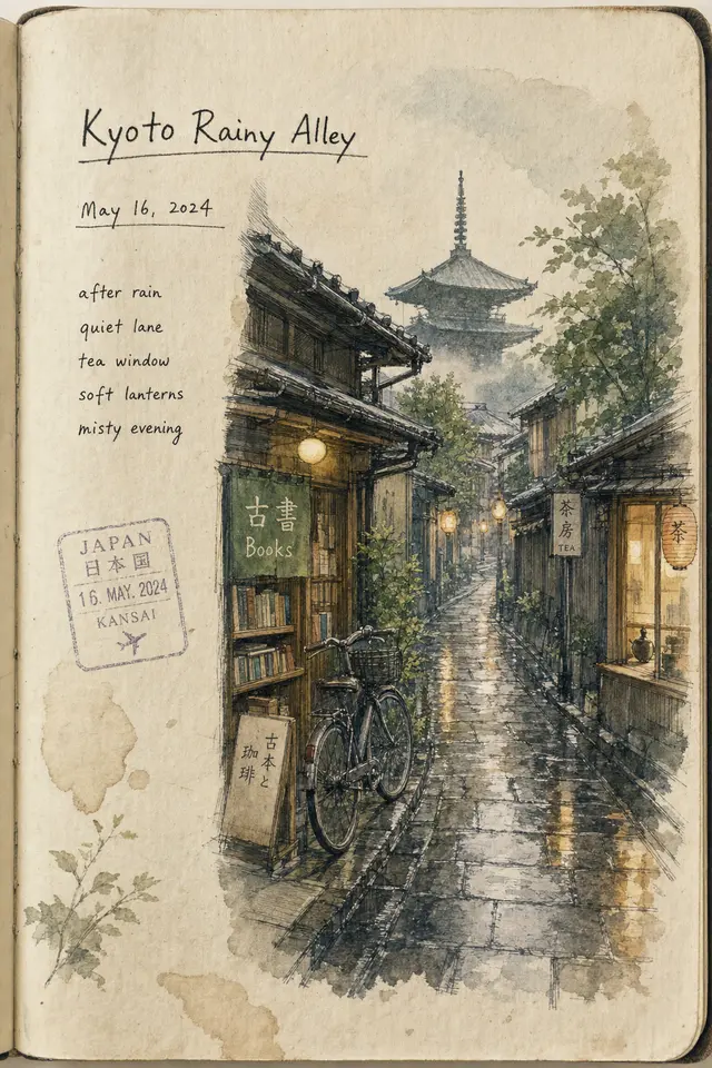 Free extension example that turns a rainy Kyoto alley into a vintage travel note.