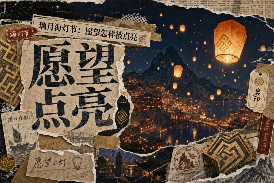 Genshin transfer checking whether Liyue Harbor, Xiao lanterns, and Geo motifs survive in collage language. output image