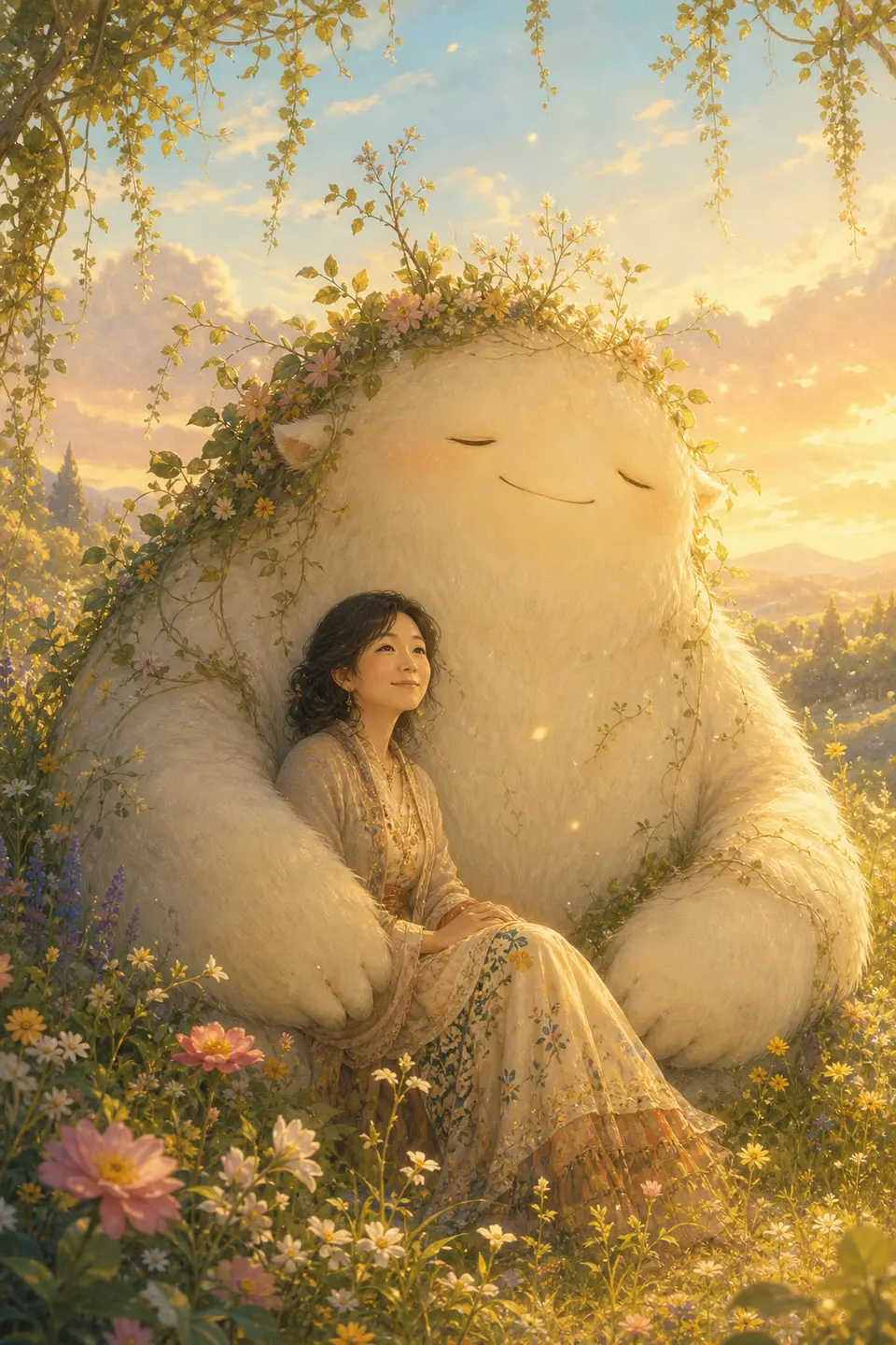Source-mood reproduction using a flower field, forest guardian, and golden dusk to test the healing fairytale poster core.