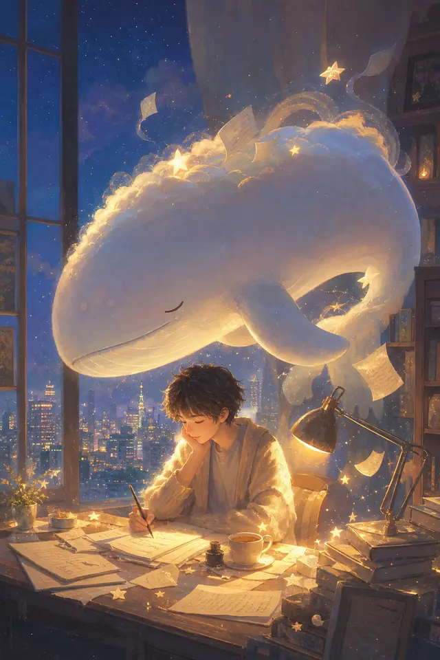 Free extension using a late-night creator and a cloud whale to test the same healing poster language outside forest imagery.