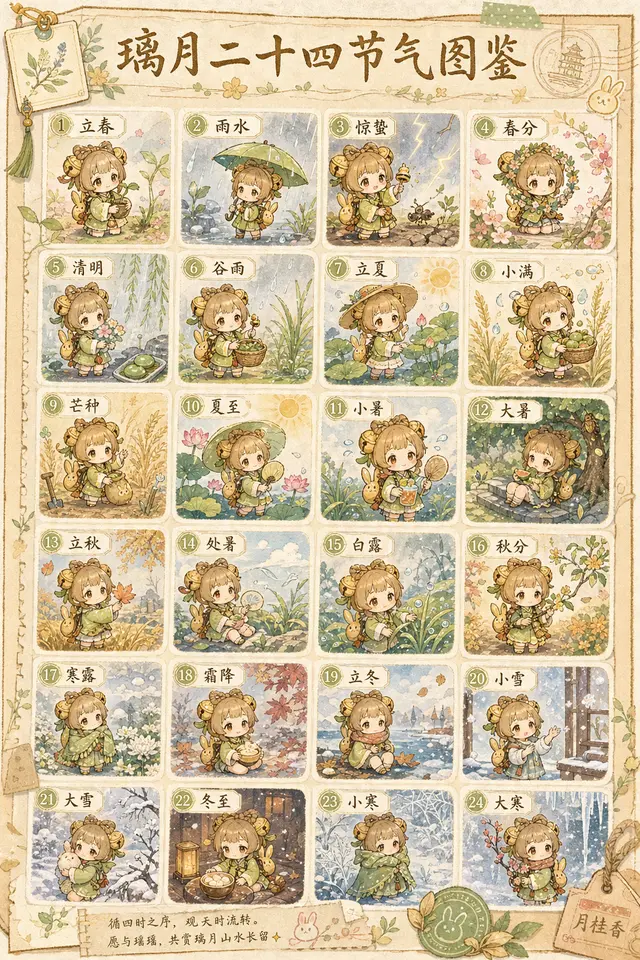 Genshin transfer turning Yaoyao and Liyue botanical cues into a 24-solar-term illustrated chart.
