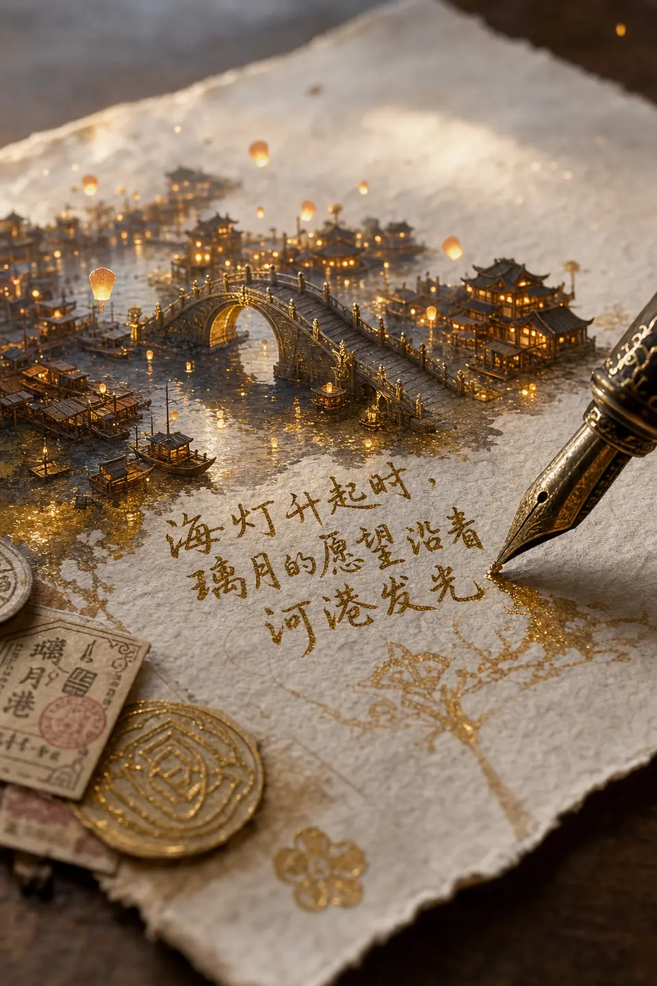 Genshin transfer using a Liyue Lantern Rite line to test whether fictional-world imagery can grow from handwritten text. output image