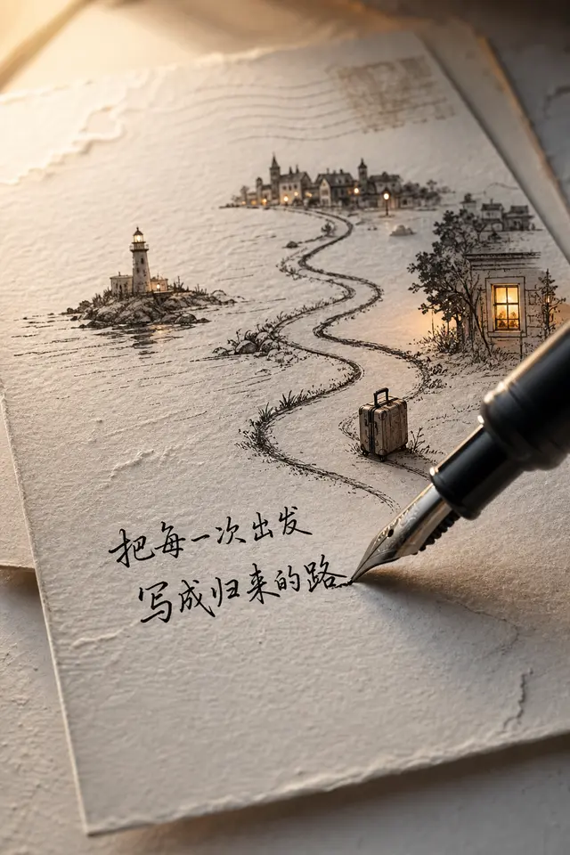 Modern copy example turning a prose-like brand line into a road, coast, and homeward light.