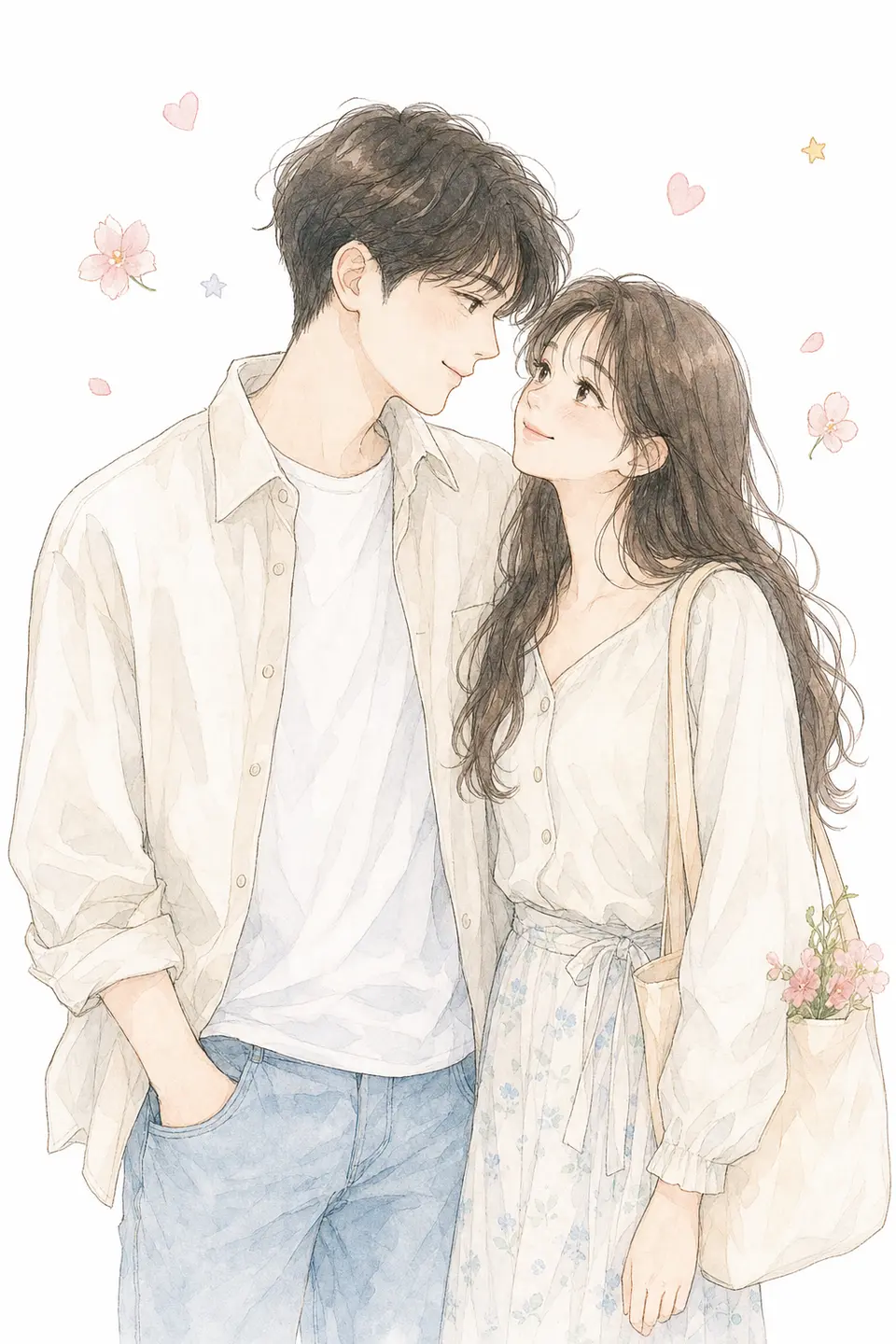 Source-mood reproduction case: a couple avatar with white background, pastels, fine watercolor lines, and Korean stationery charm.
