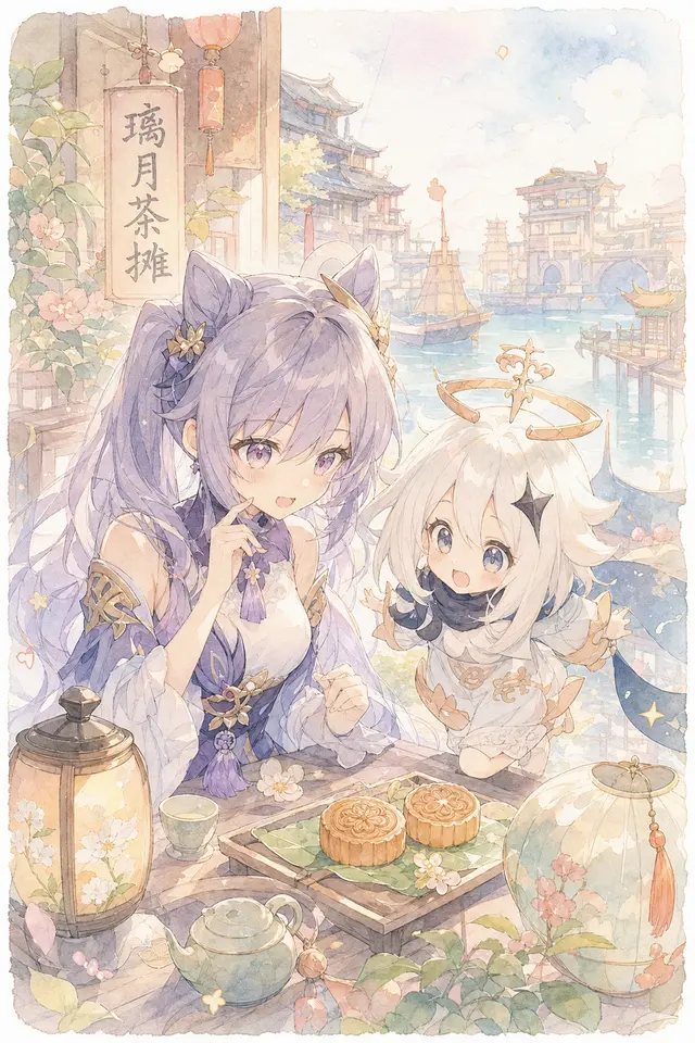 Genshin transfer case, testing whether Keqing, Paimon, and a Liyue tea stall can enter the same soft watercolor daily language.