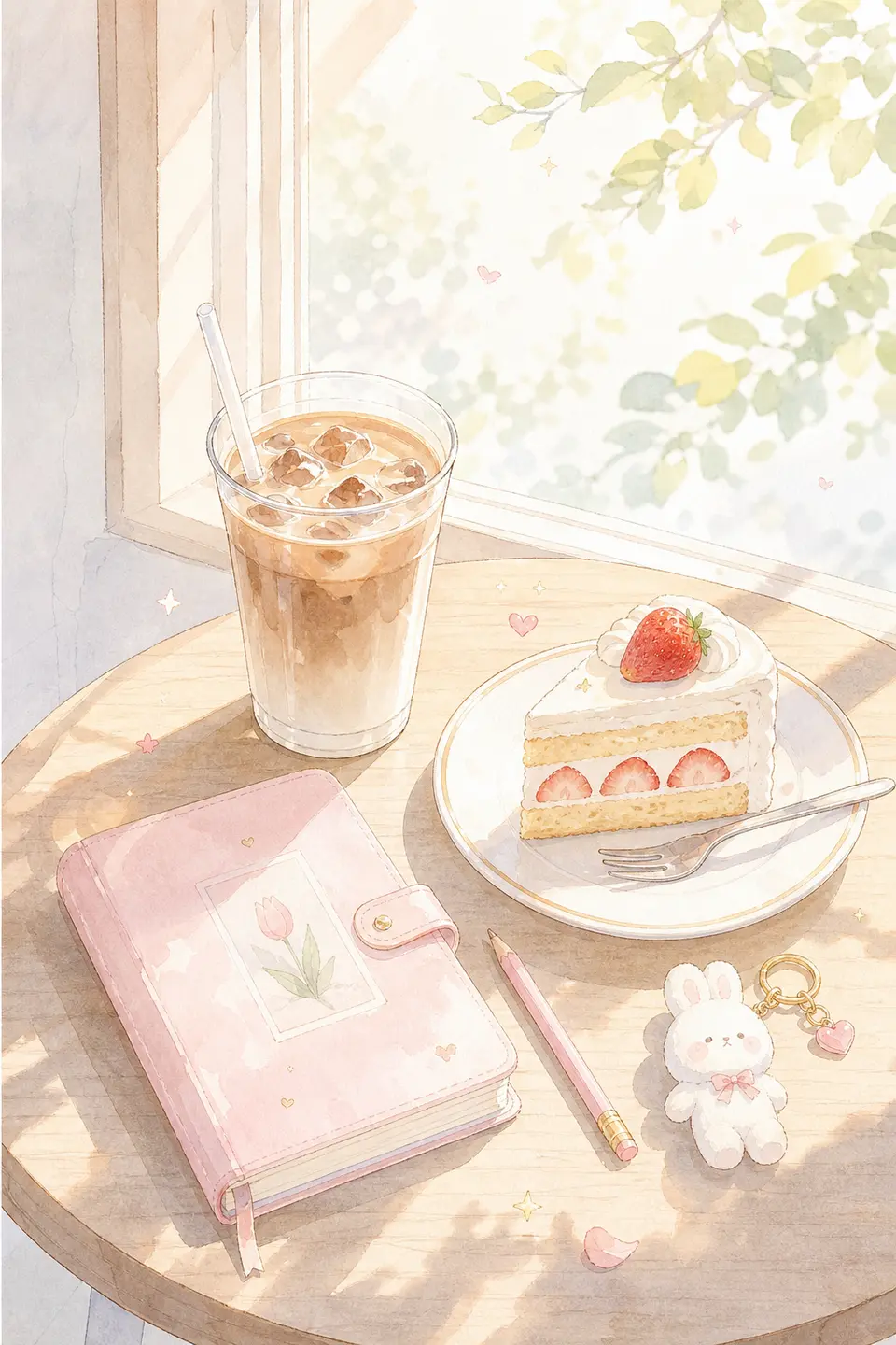 Cafe stationery still-life case focused on tabletop objects, dessert, natural light, and Korean stationery illustration mood. output image