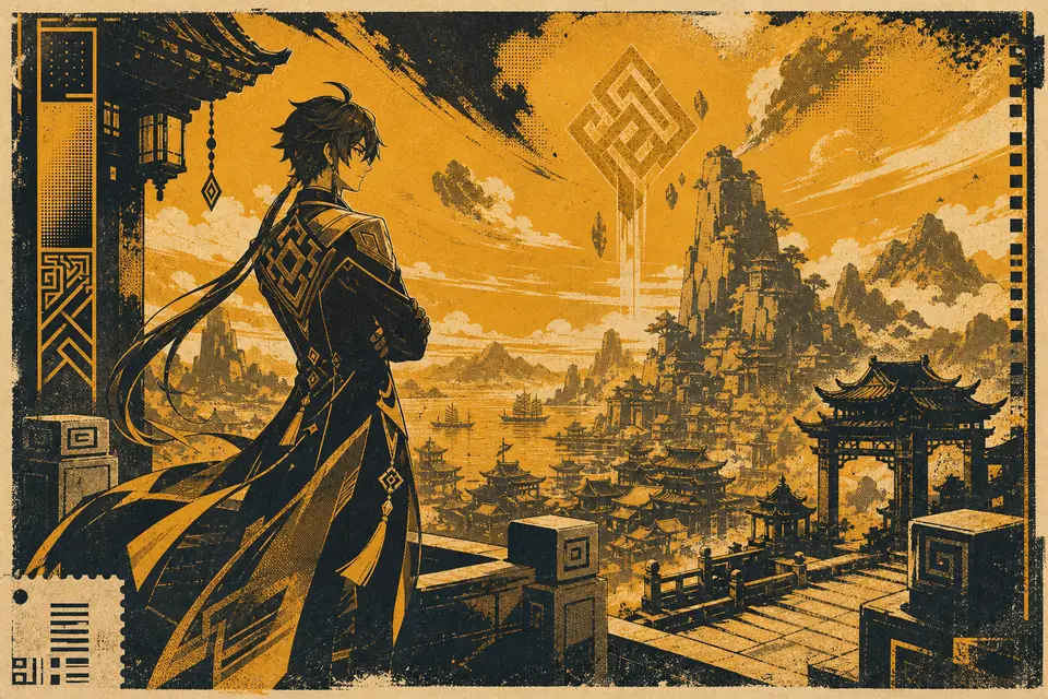 Genshin Zhongli transfer focused on recognizable identity, Liyue Harbor, Geo geometry, and an amber-black two-color poster composition. output image