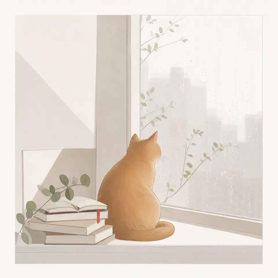 雨后书店扩展示例，强调橘猫、旧书、窗边留白和少量暖红书签点缀。 输出图