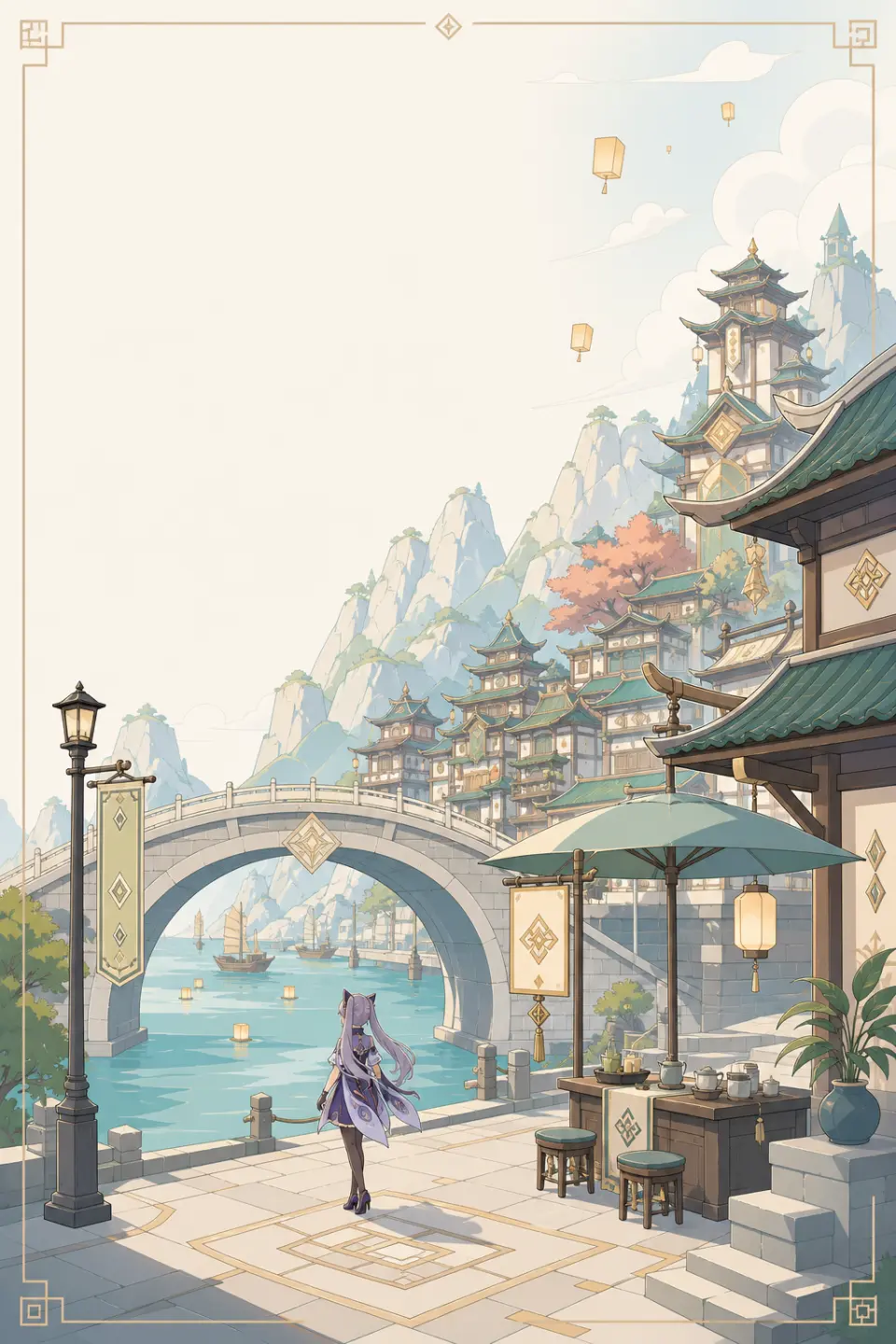 璃月港迁移例，强调霄灯、璃月屋檐、岩元素几何和可识别的原神世界信号。 输出图