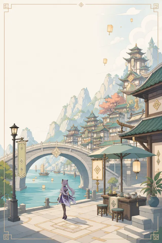 原神迁移例，用璃月港测试虚构城市、霄灯、岩元素符号和刻晴小人物能否进入文旅海报结构。