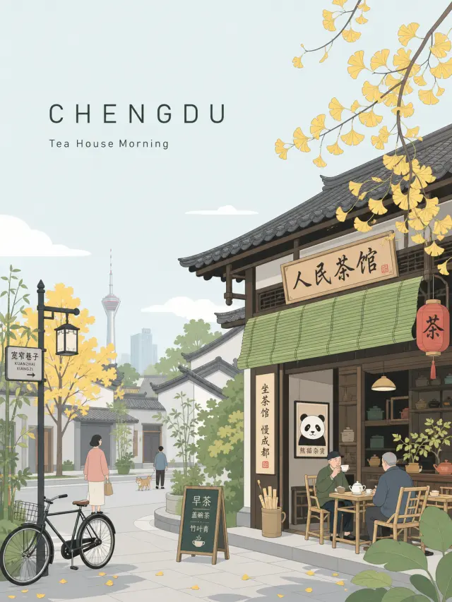 自由扩展示例，用成都测试茶馆、竹影、银杏和街头慢生活的城市旅行海报。