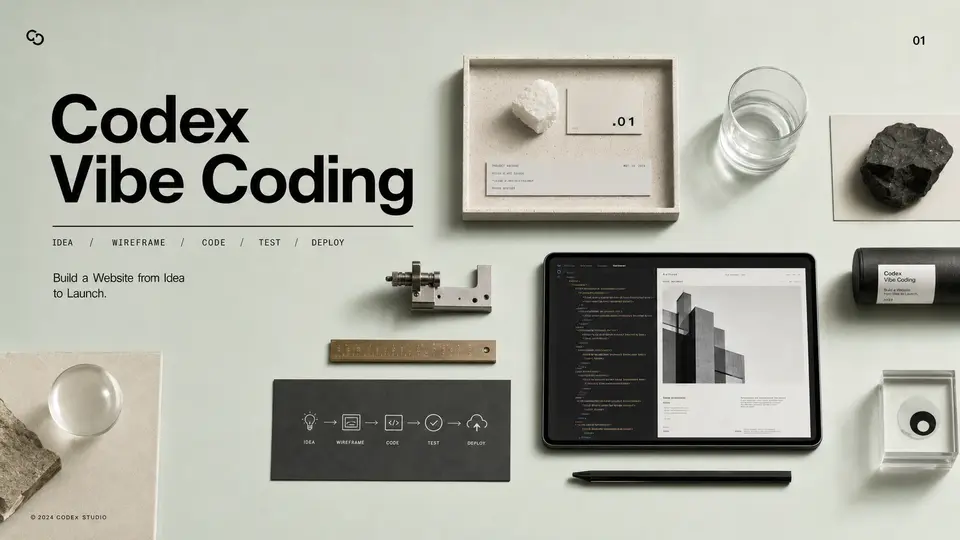 来源复现示例，用 Codex Vibe Coding 验证灯箱桌、清晰主标题、网站线框和代码物件能否保持原帖气质。